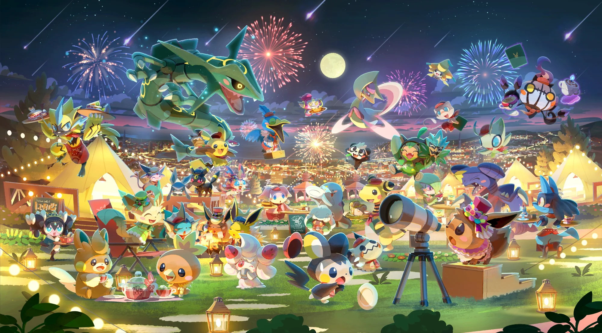 Illustration clé du Pokémon Café ReMix, mettant en vedette plusieurs Pokémon lors d'un festival de feux d'artifice